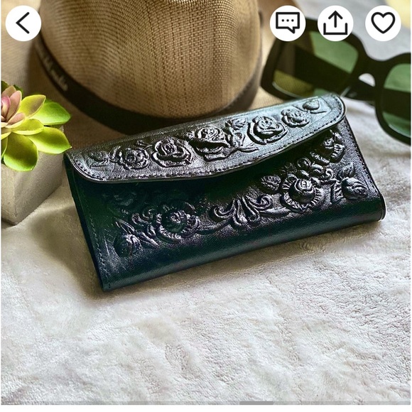 Handbags - Black Roses Leather trifold wallet 7”x 3” handmade